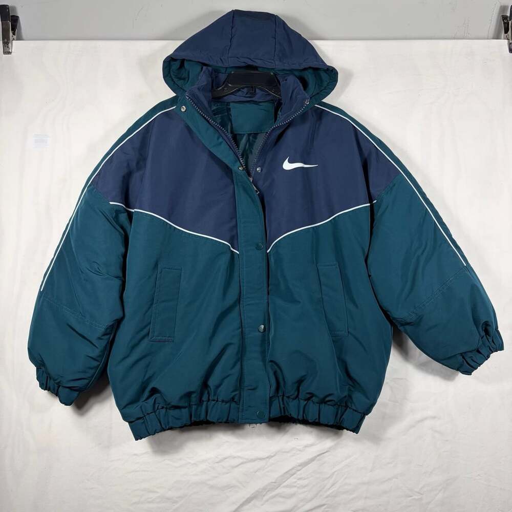 Nike Vintage Puffer Jacket Size M Blue Green Nylon Hooded Coat